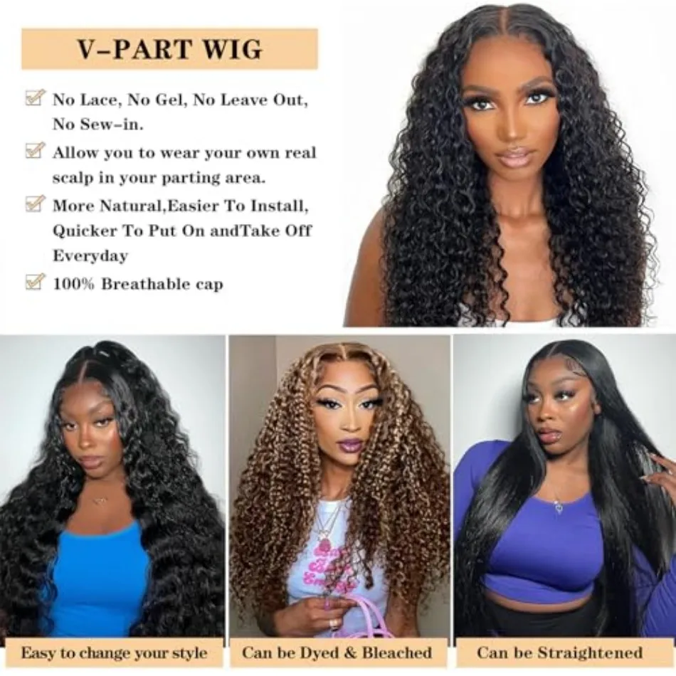 Curly V Part Wig Human Hair No Leave Out Upgrade U Part Wigs Glueless 30 Inch Natural Color Deep Wave Human Hair Wig For Women image 6