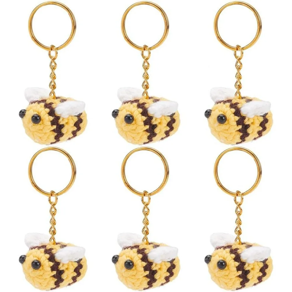 6 Pcs Crochet Bee Keychain, Knitting 3D Bumblebee Key Chain Cute Car Keyring Charm Handmade Keychain Accessories Purse Pendant