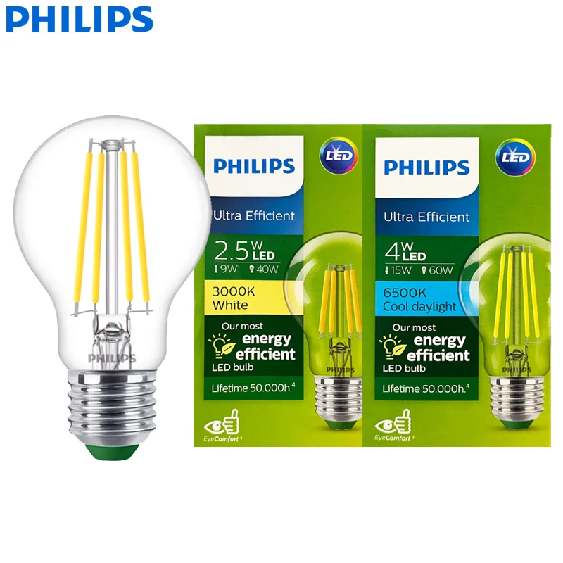 Philips Ultra Efficient LED Filament Bulb Clear A60 E27 Edison Screw 2.5W 4W Lamp Classic Glass LED White Color Energy Saving 1x