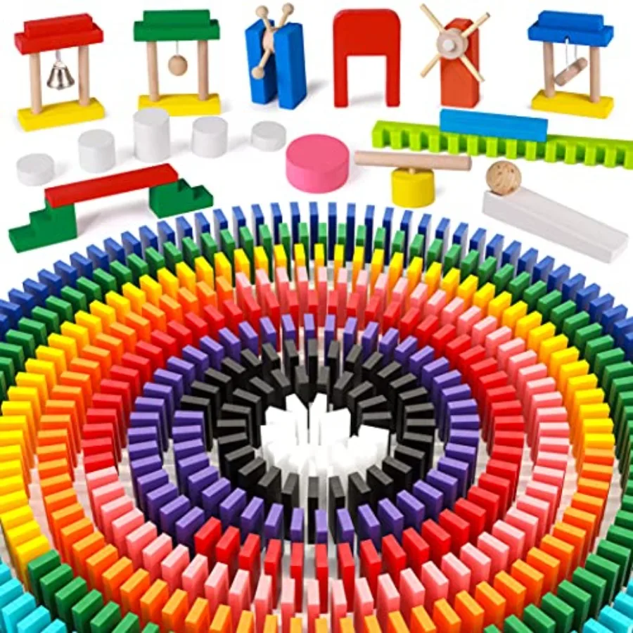 

1000 PCS Dominoes Set for Wooden Building Blocks Bulk Dominoes Racing Tile Games with Extra 11 Add-on Blocks and Storage Bag