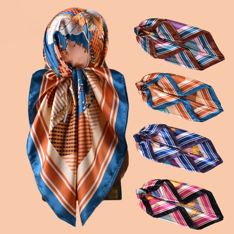1PC Simple Floral Print Silk Satin Square Scarf Women's Hair Accessory Spring New Style Versatile