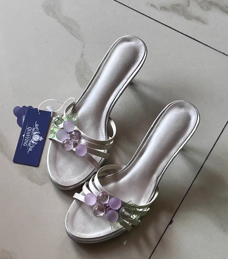 Grape decor crystal leather sandals blue/purple sexy high heels slippers women's summer good quality luxury designer party shoes
