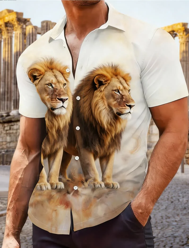 Men's Classic Wildlife & Nature Print Short Sleeve Shirt, Versatile Summer Shirt for Vacation, Daily Wear and Gatherings