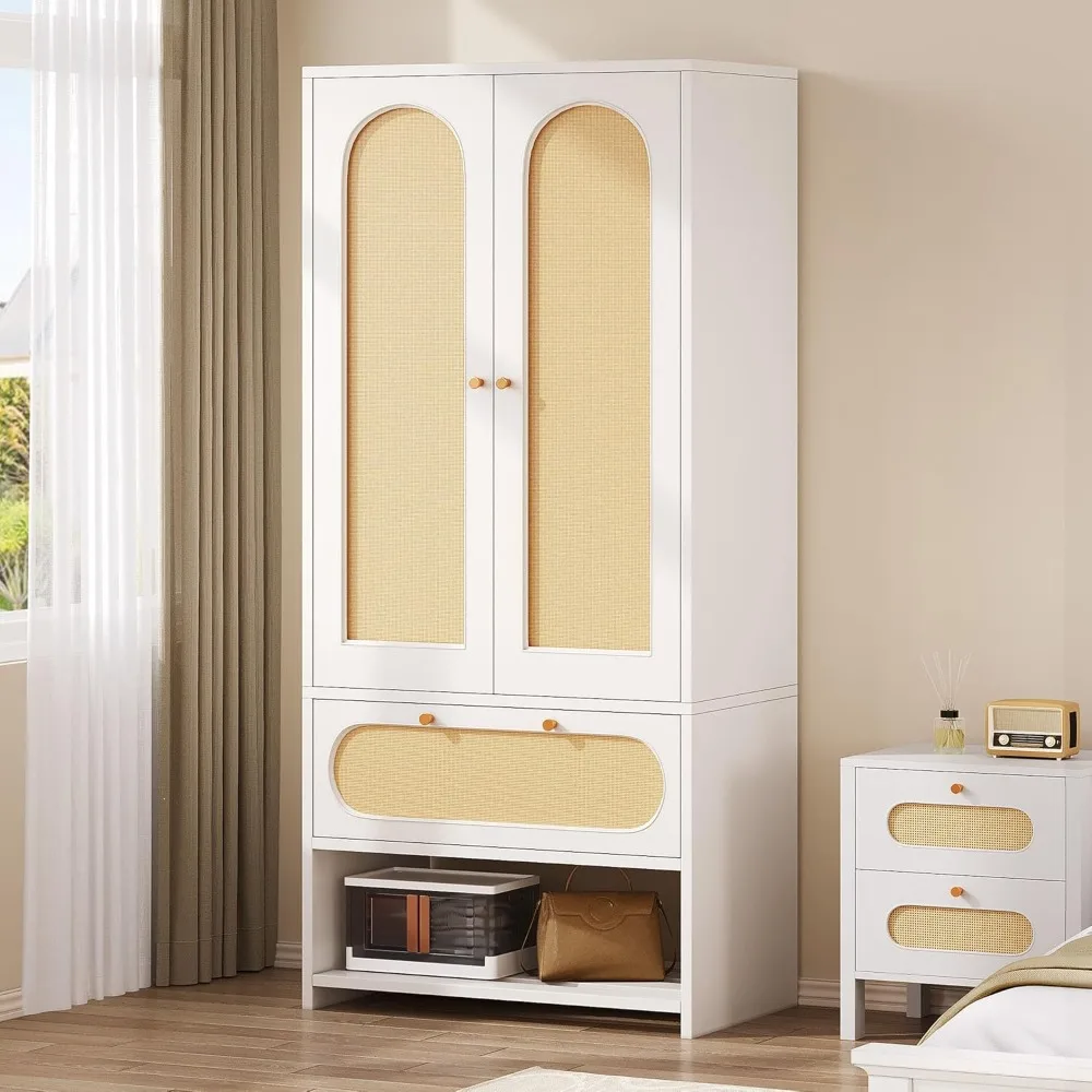 

Rattan Wardrobe Closet - 70" Tall Rattan Armoire with Doors, Large Storage Cabinet with Drawers & Hanging Rod
