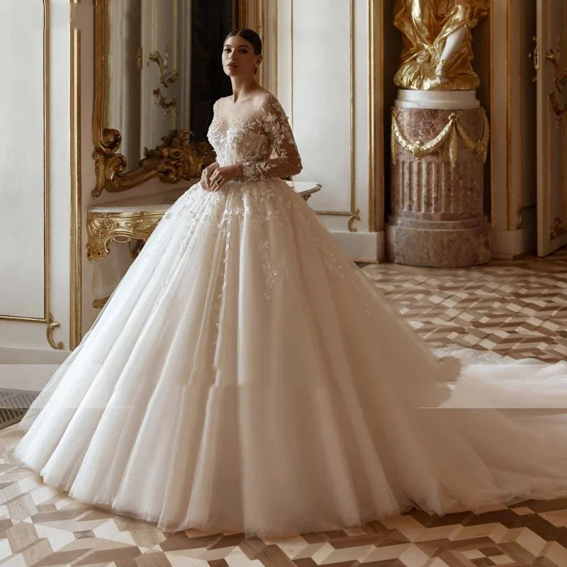 

Flavinke Customized Luxury Scoop Neck Beading Ball Gown Wedding Dresses Long Sleeve Appliques Court Train Princess Bridal Gown