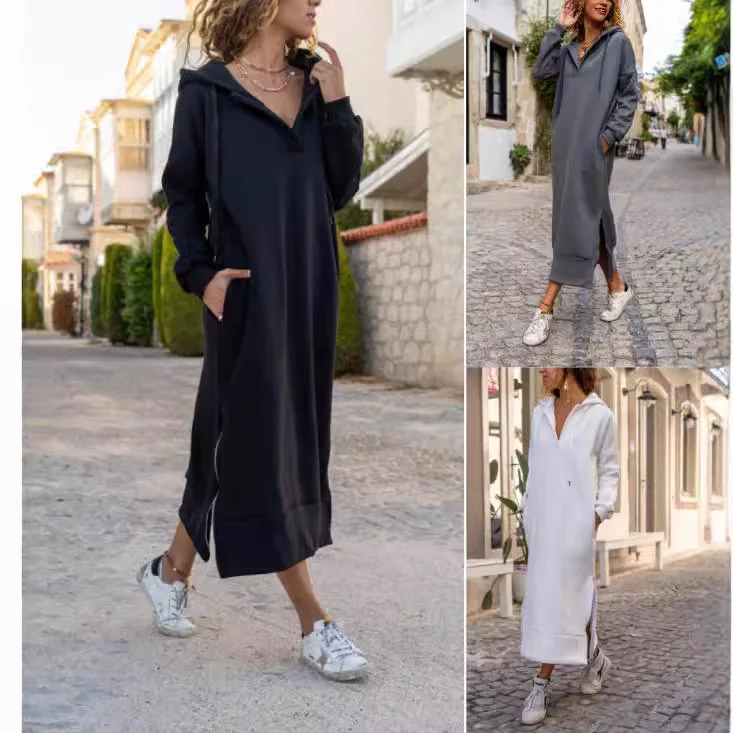 2025 Women Hoodies Dresses Long Sleeve Hooded Knitted Sweatshirts Dress Solid High Street Loose Vestidos Draw String Autumn