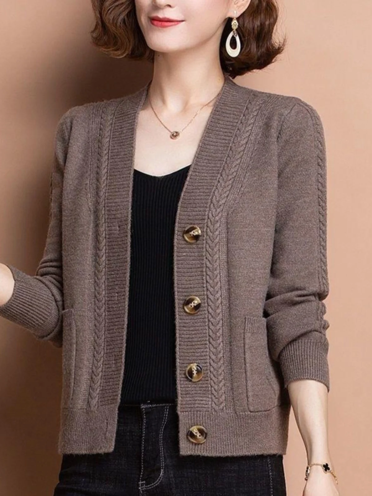 

Spring Autumn Faion Outerwear Knitted ort Sweater Coat for Middle-Aged Women V-Ne Thiened Long Sve Casual Sle