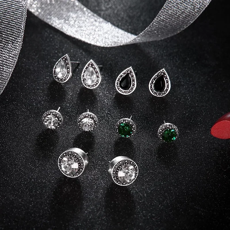 5 Pairs/Set Stud Earrings Cubic Zirconia Water Drop Green Black Crystal Gemstones Women Push-back Earring Studs