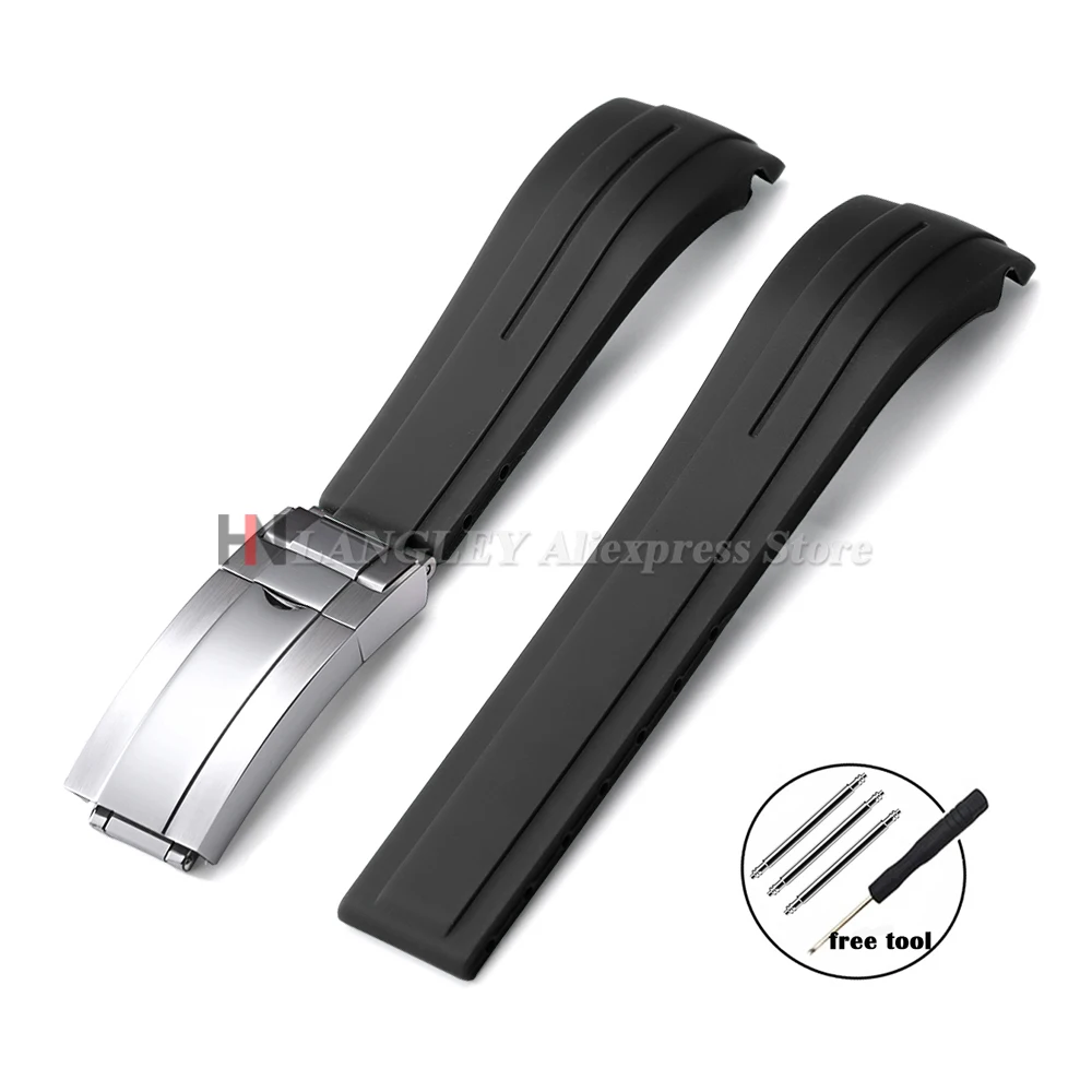 Curved Rubber Watch Bracelet 20mm 21mm 22mm for Rolex Green Water Ghost for Oysterflex Waterproof Silicone Folding Buckle Straps image 3