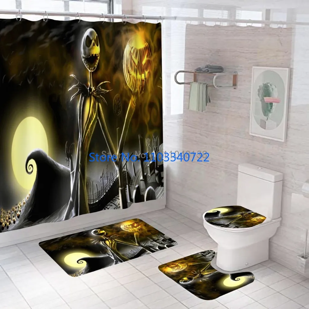 Nightmares Before Christmas Shower Curtain Set 4pcs with Hooks Cartoon Decor Waterproof Bathroom Toilet Mat Lid