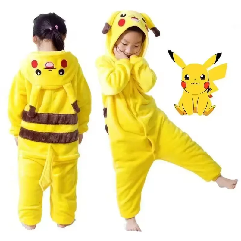 Pokemon Pikachu Ciepły Flanelowy Strój Domowy Dziecięcy/Dla Dorosłych Jesienno-Zimowy Miękki Onesie Cosplay Zwierzęcy Kombinezon z Kapturem Rodzinny Strój do Spania dla Dziewczynek