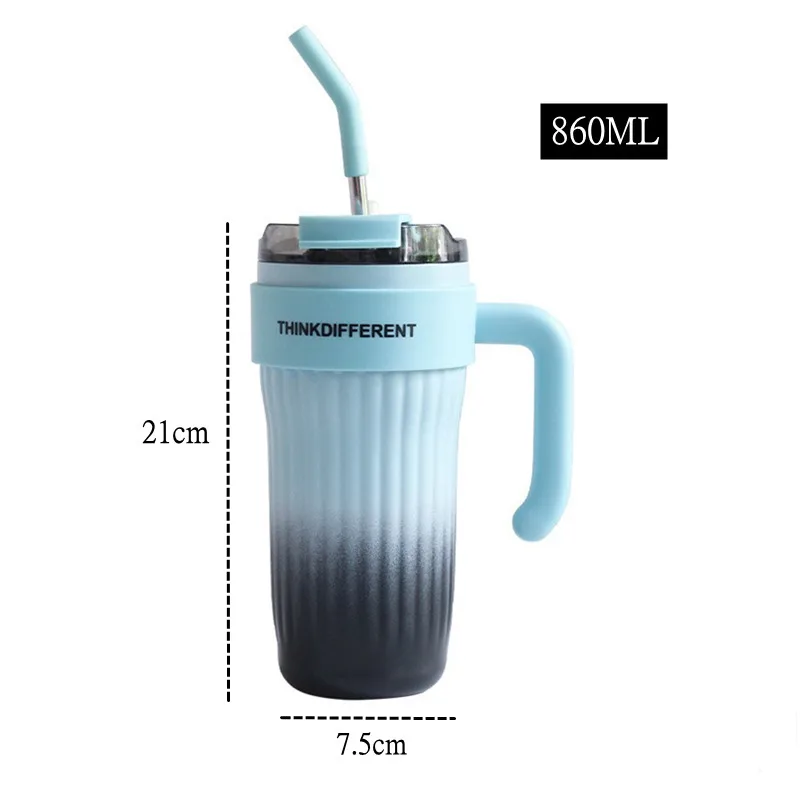 860ml Double Stainless Steel Vacuum Flask With Straw Large Capacity Leak-Proof Coffee Tea Cold Drink Bottle Car Thermal Mug