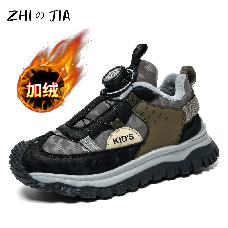 Children\'s Winter New Plush Shoes Outdoor Anti slip Wear Resistant Warm Sneaker Boys Girls Rotating Buckle Leather Running Shoes