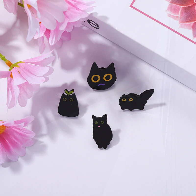 Plant Potted Flower Grass Coal Cat Cartoon Metal Badge Punk Lapel Brooch Jewelry Accessories Cute Black Cat Enamel Pin Cactus