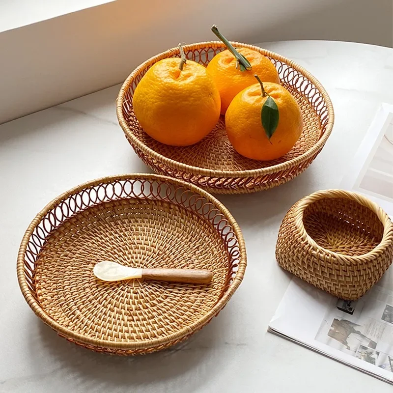 

Rattan Handwoven Storage Baskets, Round Woven Tray Box, Natural Color, Living Room, Dinner Table, Snack, Fruit, Vegetable, Food