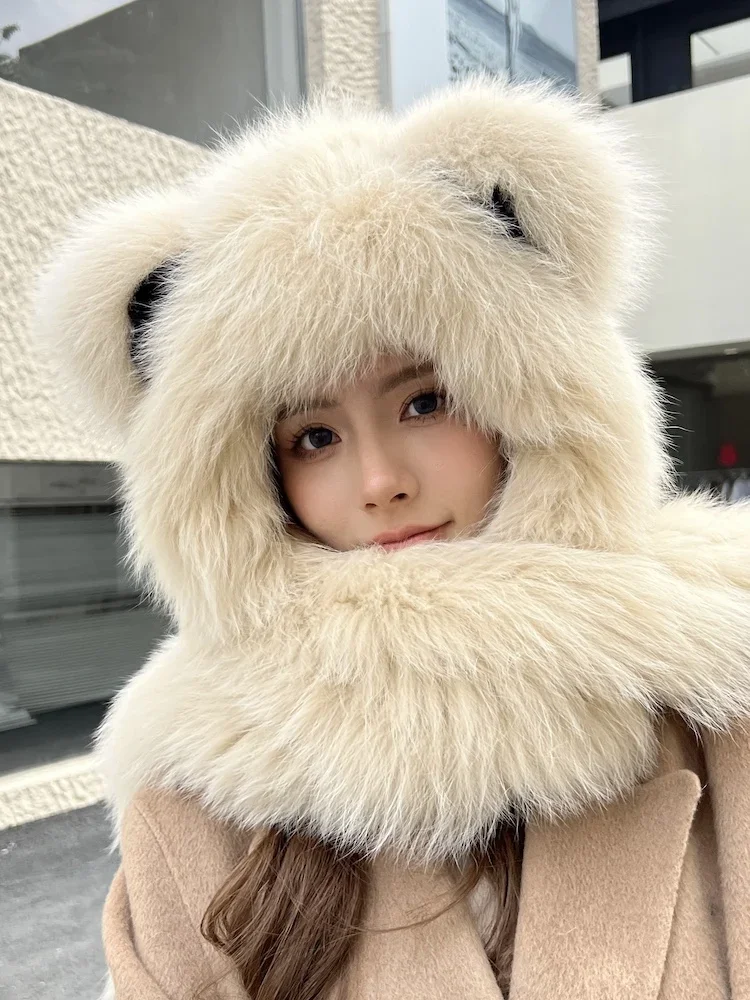 Fox fur scarf integrated fur snow hat female winter warm double-sided real hair soft cute ears age reduction