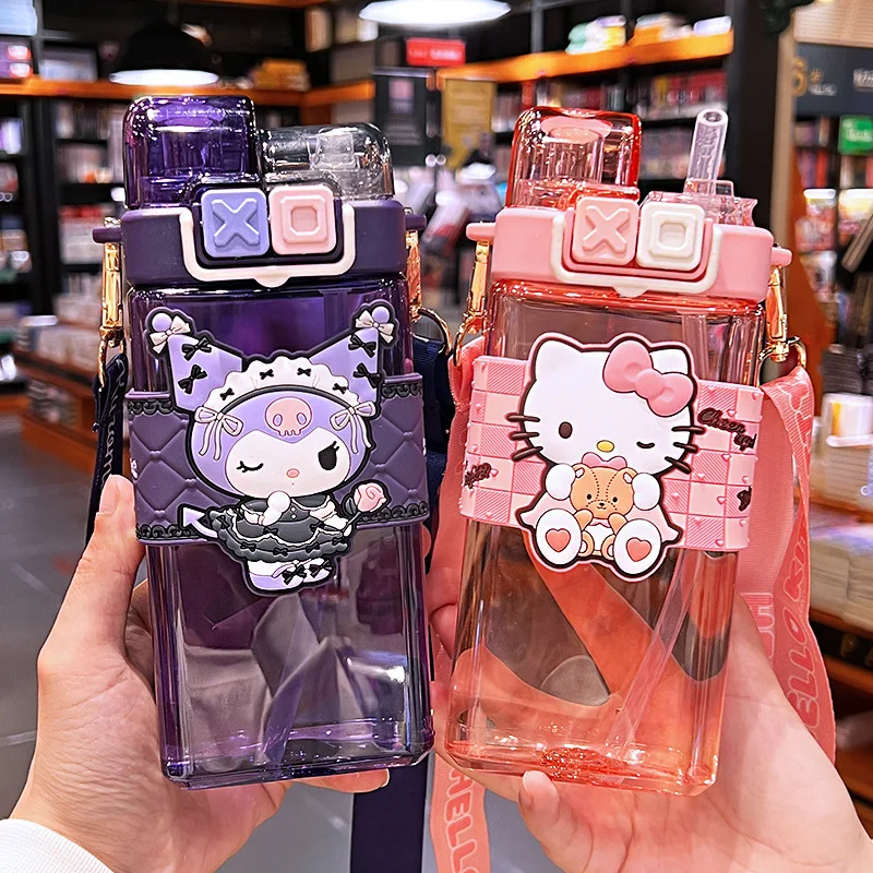 Nuovo 520ml Sanrio Square Straw Water Cup Hello Kitty Kuromi High-capacity Double Drink Portable Go To School Student Special Cup