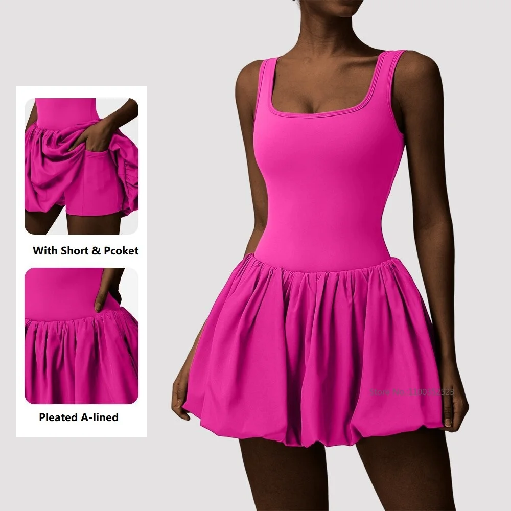 Summer Badminton Tennis Dress Women Backless Pleated Fitness Dress with Bra and Shorts Ladies Sleeveless Sports Tutu Skirt