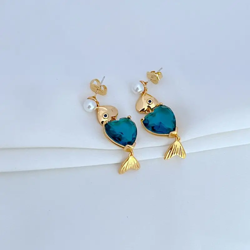

KS European and American Fashion Creative Personality Blue Love Zircon Small Fish Pearl Embellishment Women's Earrings