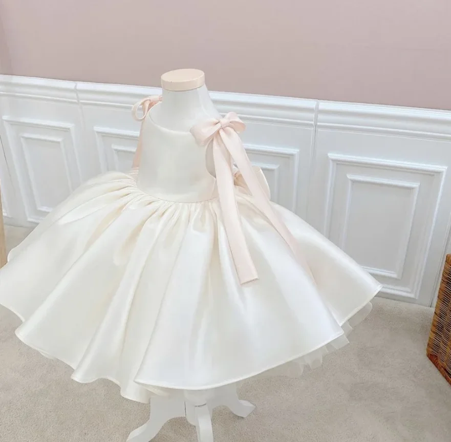 Baby Girl Dress Kids Birthday Baptism Dresses Satin White Ball Gowns Girls Boutique Party Wear Elegant Frocks