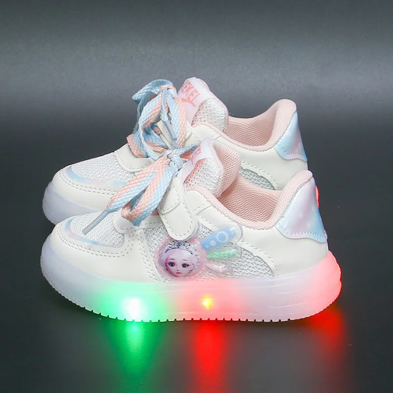 LED-Kinderschuhe für Mädchen, niedliche Cartoon-Prinzessin, Elsa, Baby-Mädchen, Kawaii, Segeltuch, Anime-Schuhe für Kinder, atmungsaktive Mesh-Turnschuhe