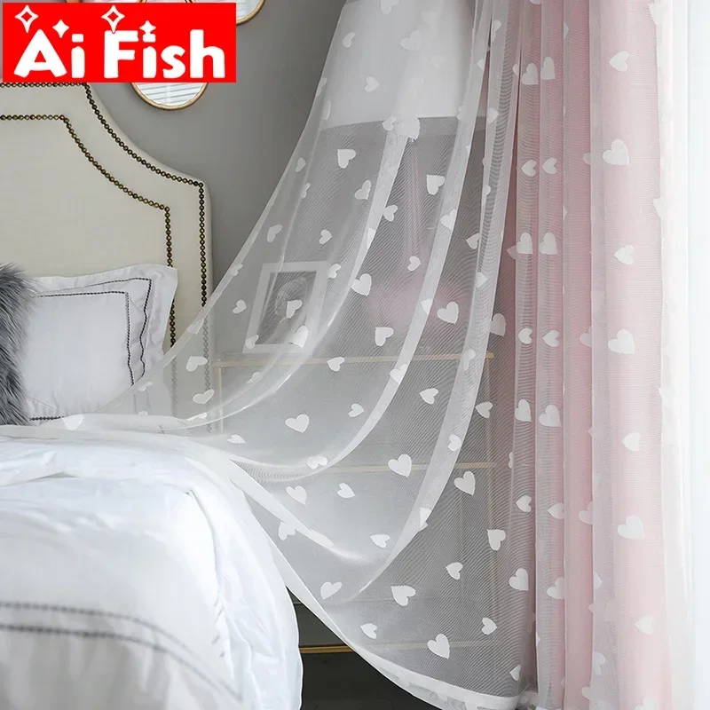 Korean White Love Heart Cartoon Tulle Curtains For Baby Girls Children's Bedroom Soft Mesh Jacquard Living Room Voile Fabric #30