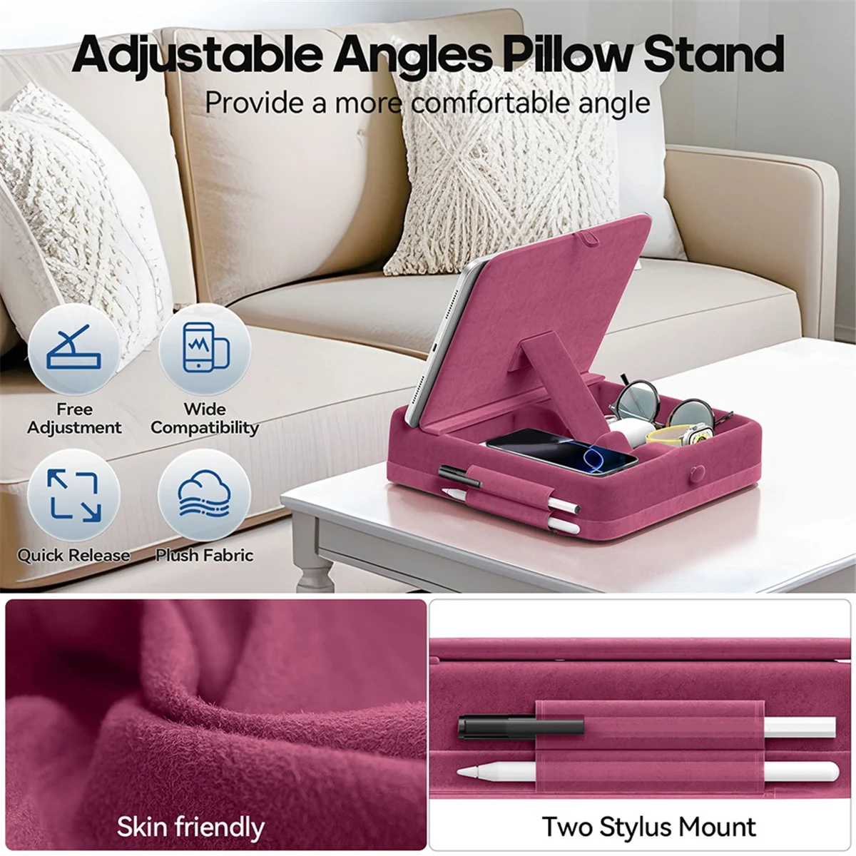 

X61A_Tablet Pillow Stand with Storage Foldable Holder Angle Adjustable Soft Pad Dock for Bed and Laptop and Desk Rose Red