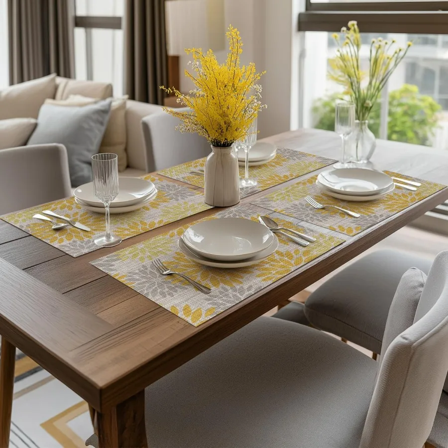 花柄プラスチックプレースマット4枚セット 12x18インチ 洗える滑り止めプラスチックビニールプレースマット パーティー キッチン ダイニングデコレーション イエロー ID