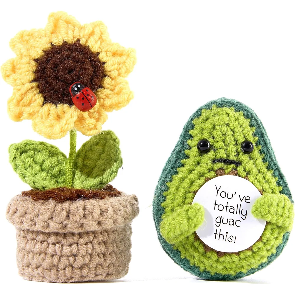 2Pcs Crochet Emotional Support Avocado Doll With Sunflower Pot Home Room Decoration Handmade Knitted Avocado Doll Christmas Gift