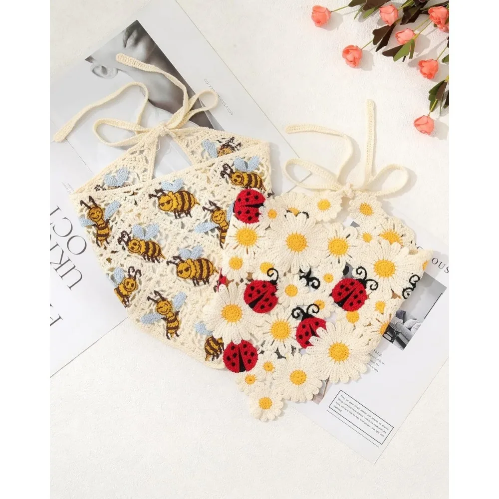 Вязаные крючком банданы для волос с цветочным принтом, платок из 2 предметов, женский шарф для волос, повязка на голову с ромашками, винтажный платок на голову для девочек