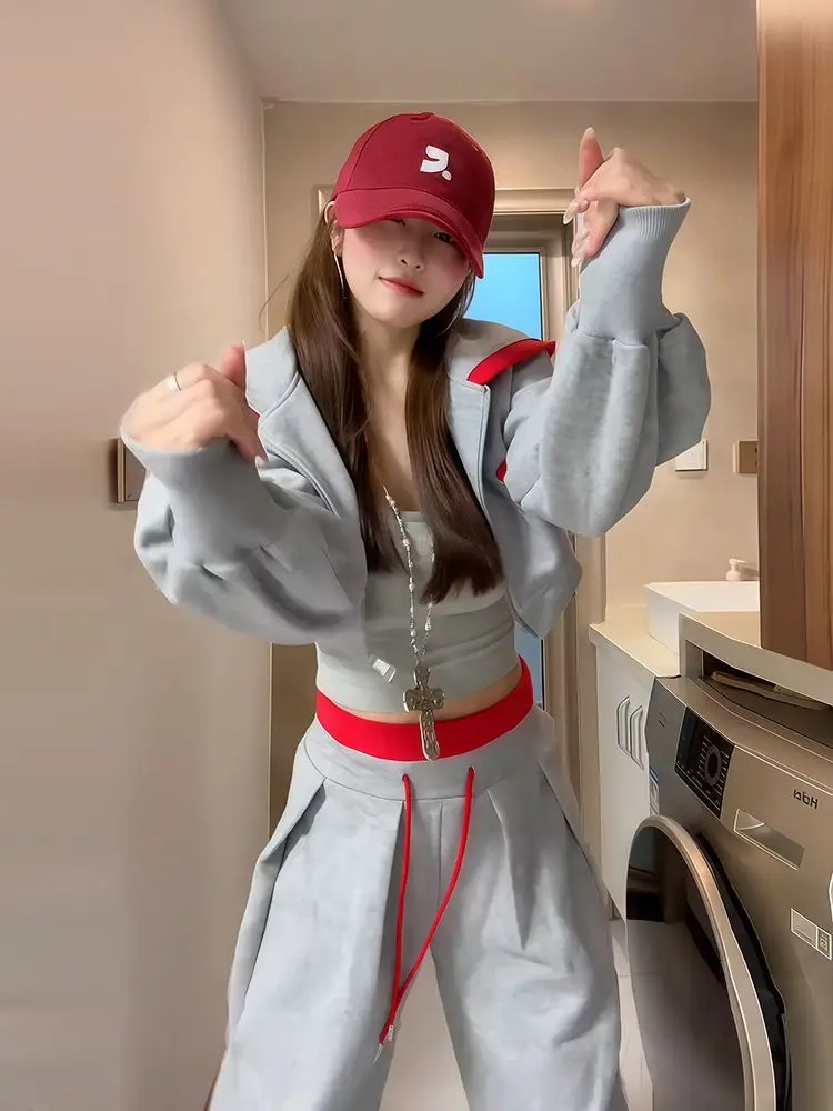 レトロアメリカンレタープリントThiened Fceレディースカジュアルパンツハイウエストストレートレッグワイドレッグパンツ秋冬新作...