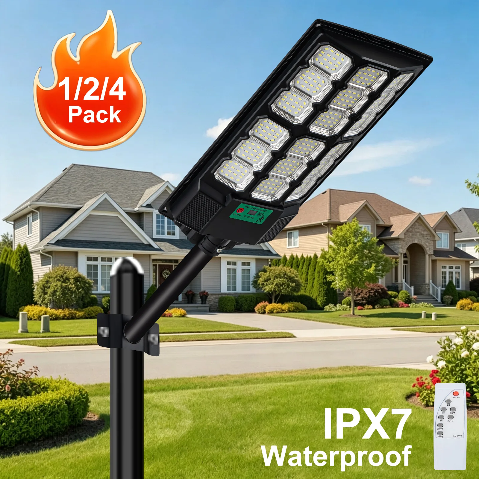 1/2/4 Pack LED Outdoor Solar Street Lights, IPX7 Waterproof Motion Sensor LED Solar Powered Flood Light with Remote Control, Dusk to Dawn Commercial Area Lighting for Garden, Street, Porch, Patio Yard, Farm
