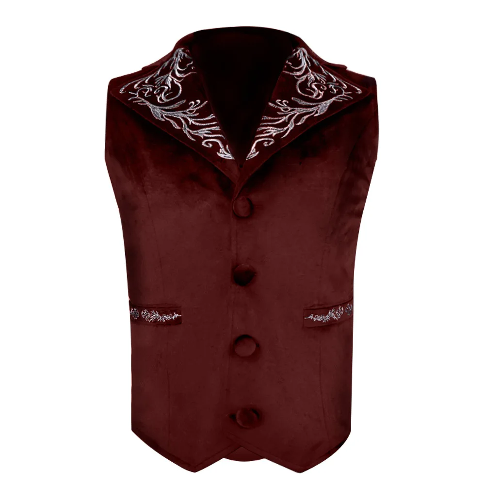 Colete Retro Slim Fit único Breasted dos homens, colete de camurça vermelho vinho, terno sem mangas, renascimento medieval, Steampunk