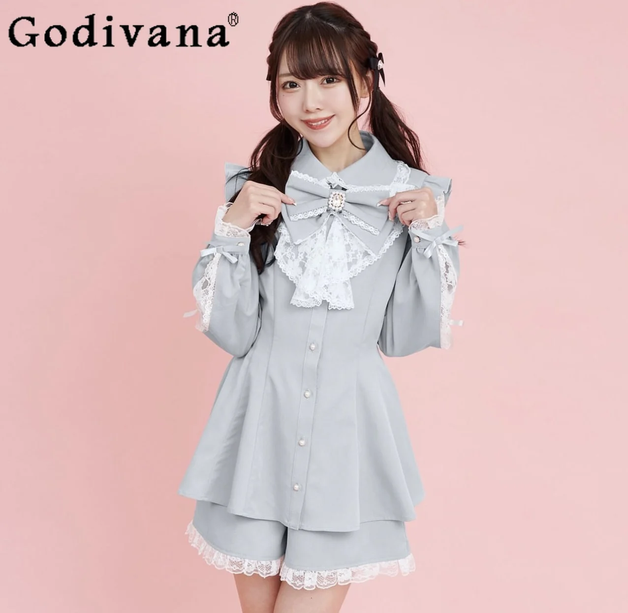 

Japanese New Mine Long-sleeved Sweet Cute Bow Lace Slim-Fit Shorts Dress Set Two-piece Set Office Ladies Elegant Autumn Outfits