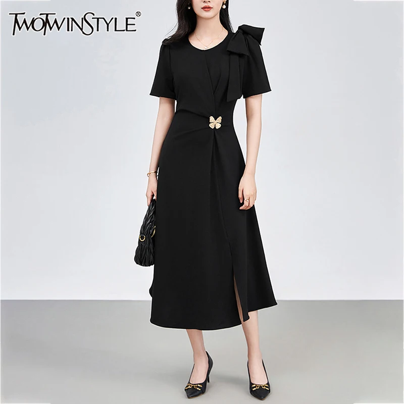 

TWOTWINSTYLE Solid Elegant Spliced Bowknot Dress For Women Round Neck Short Sleeve Tunic Temperament Dresses Female Fashion New