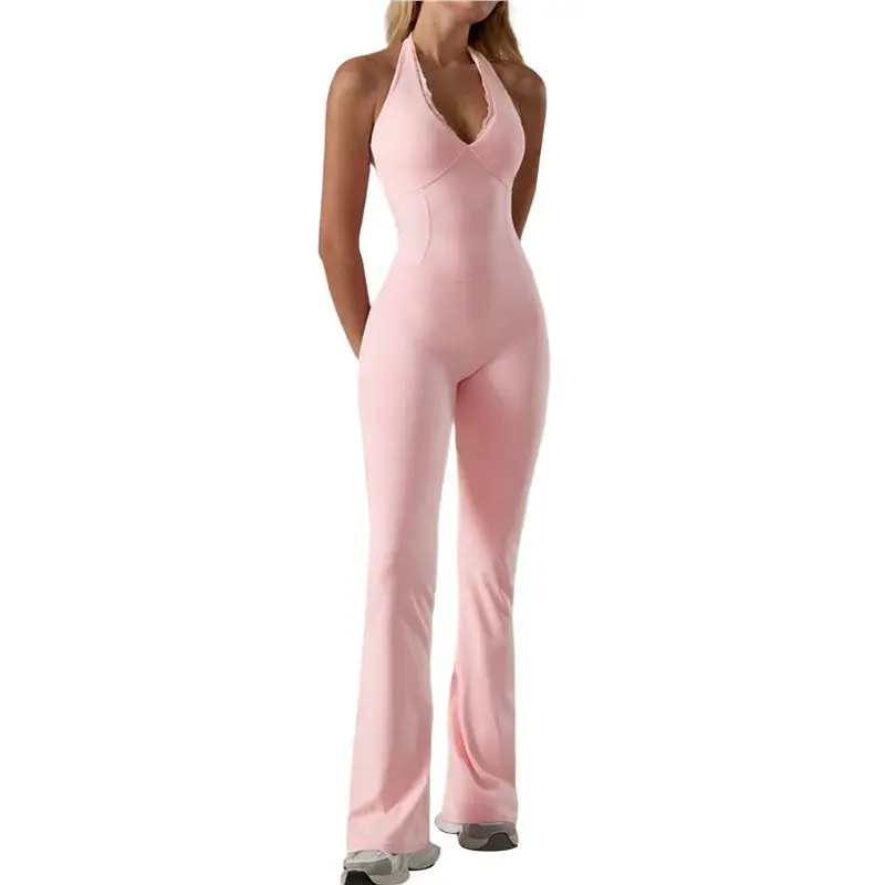 

CYL-Women's Solid Color Sleeveless V-Neck Lace-Trimmed Halter Neck Yoga Sports Jumpsuit Flared Tights