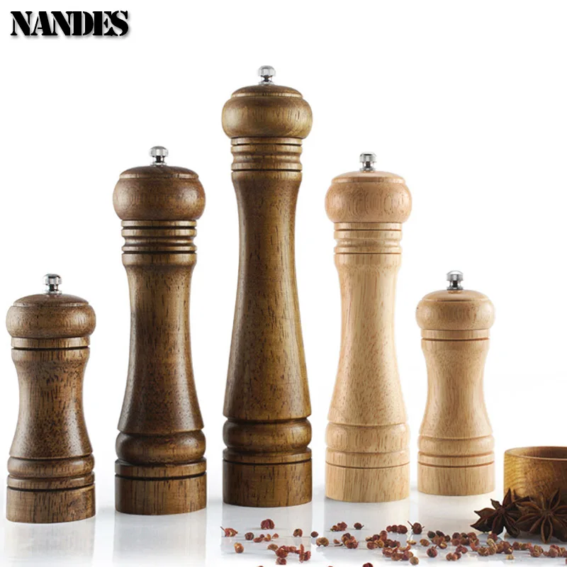 5/8/10inch Wood Salt and Pepper Grinder Solid Wood Spice Mill with Strong Adjustable Ceramic Grinder Kitchen Cooking Tools