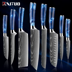 XITUO 1-8Piece Kitchen Knife Set, Blue Resin Handle for Chef Knife, Paring Knife, Boning Knife, Santoku Knife, Razor-Sharp