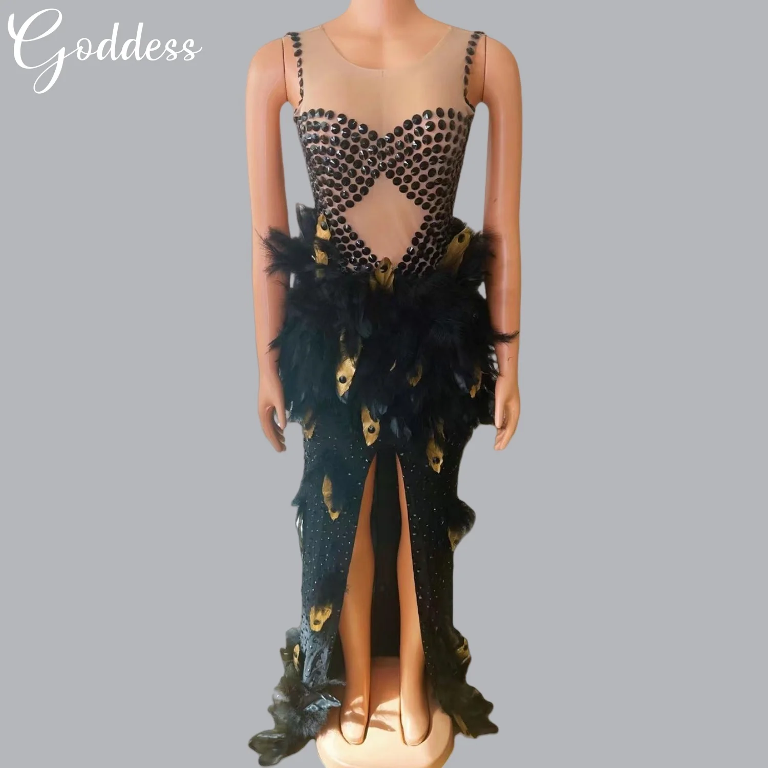 

Unique Design Sexy Rhinestones Feathers Long Dress Women Celebrate Birthday Dress Performance Dance Costume Bar Party Nightclub