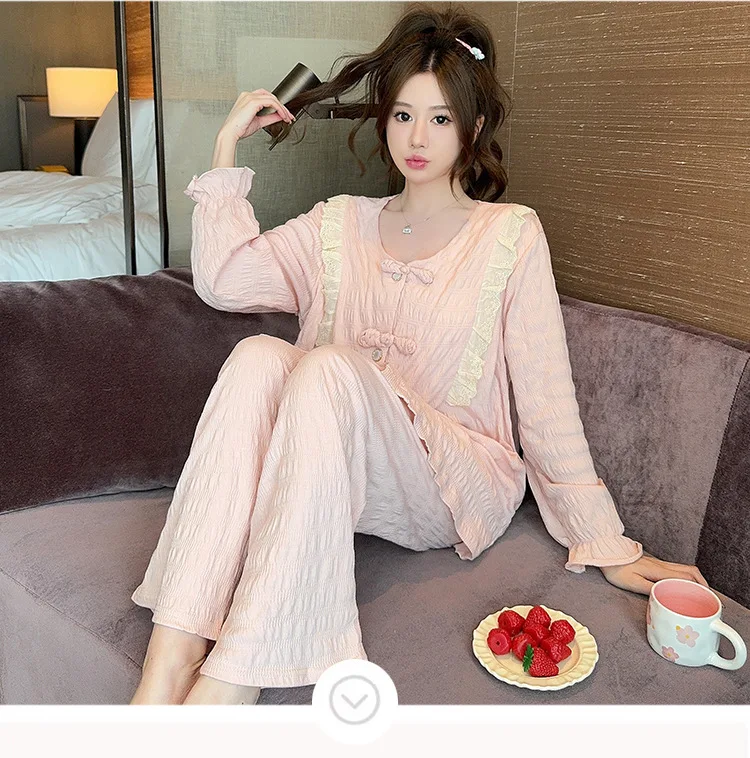 3XL 4XL 5XL Large Size Elegant Women\'s Pajamas Set Long Sleeve Trousers Sets Spring Autumn Chest Padded Sleepwear Pyjama Femme