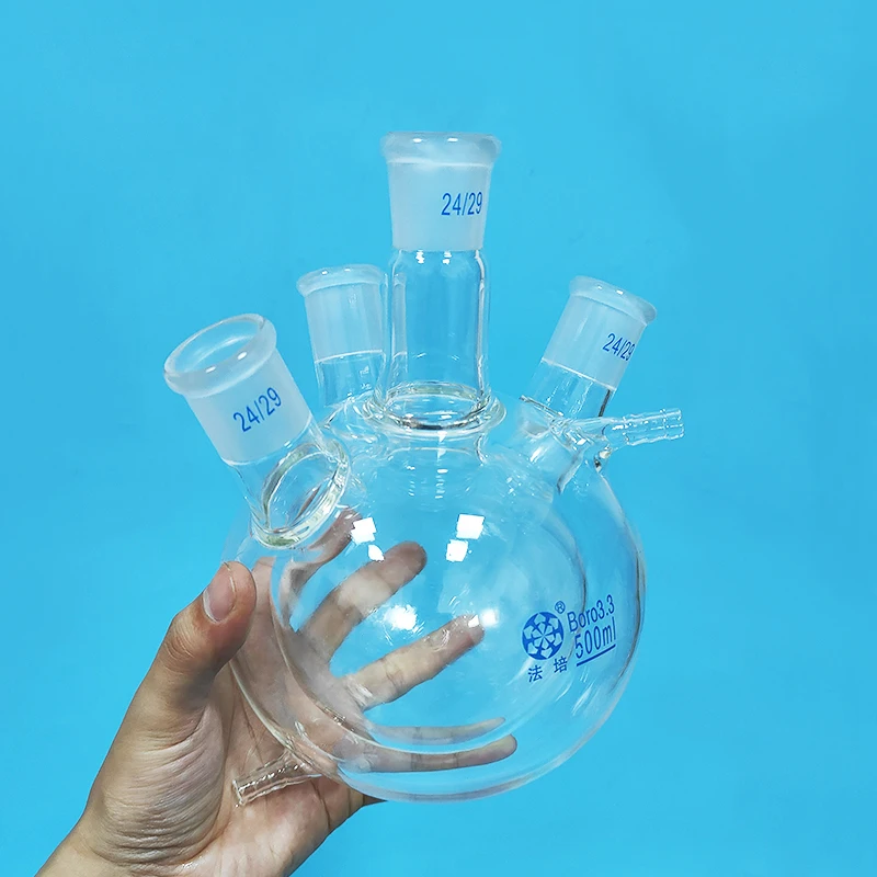 FAPE Double-deck spherical four oblique necks round bottom flask,Capacity 500mL,Joint 24/29,Mezzanine jacketed reactor bottle