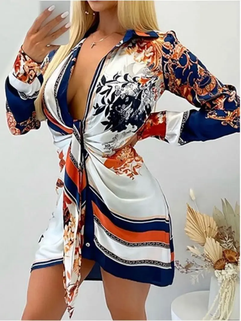 2021 ฤดูใบไม้ผลิใหม่ชุดสตรีเซ็กซี่พิมพ์เสื้อสเวตเตอร์ถักสายคล้องคอสะโพกกลางกระโปรงเสื้อ