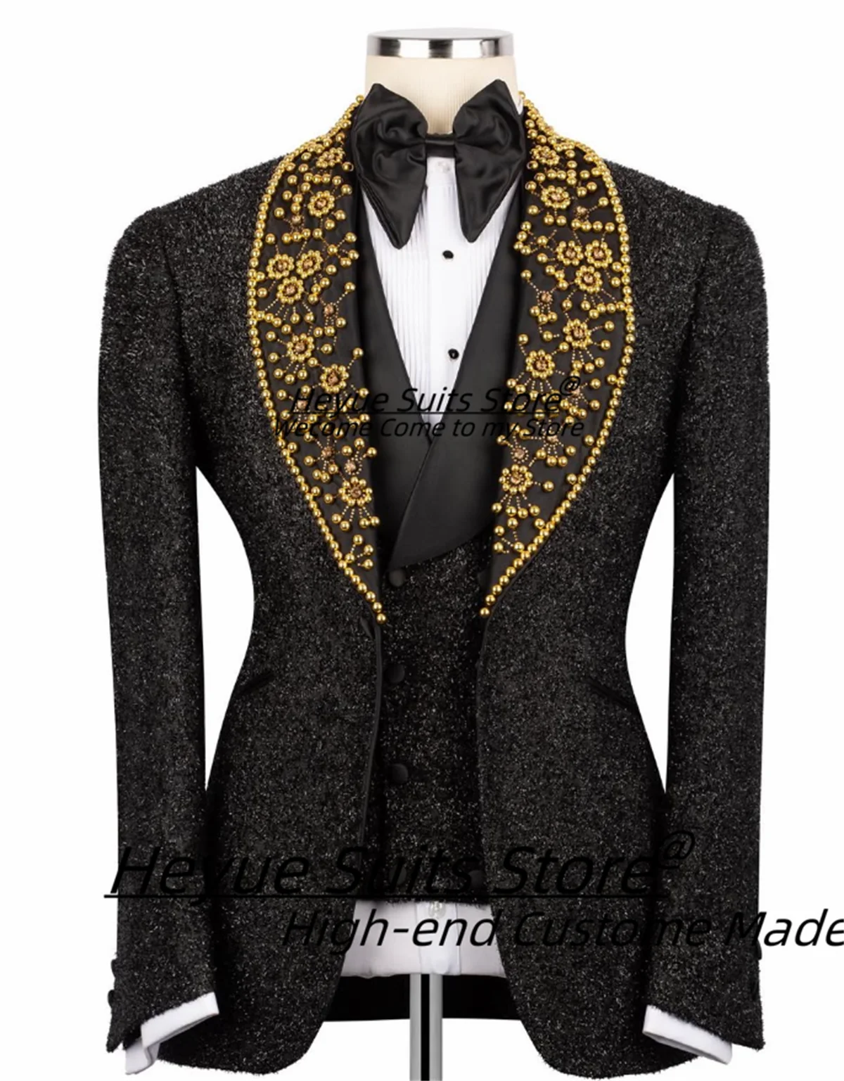 

Customized Shiny Men Suits Luxuly Beadwork Groom Wedding Tuxedos 3 Pieces Sets Business Male Blazers Prom trajes para hombre