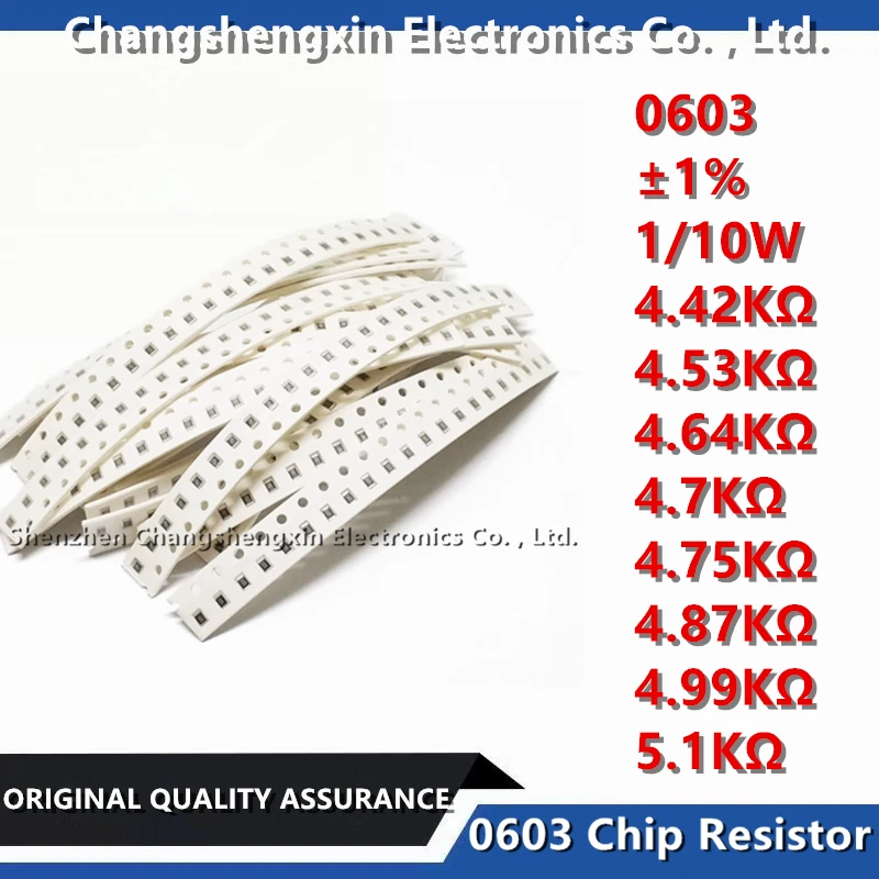 

100PCS 0603 SMT Chip Resistor Tolerance ±1% Resistance 4.42KΩ 4.53KΩ 4.64KΩ 4.7KΩ 4.75KΩ 4.87KΩ 4.99KΩ 5.1KΩ Ohm 1/10W 0.1W