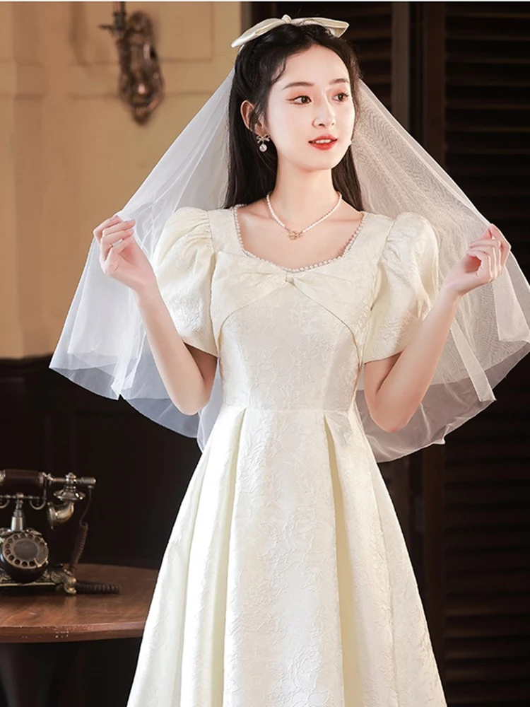 White Satin Wedding Party Dress French Simple Beaded Sweetheart Collar Gradation Dresses Tea Length A-Line Princess Gown