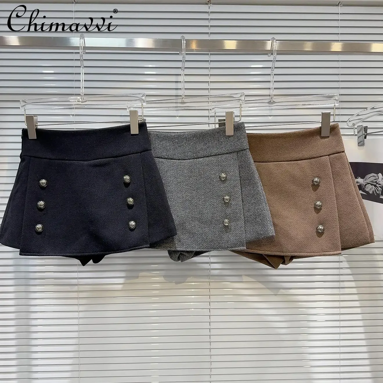 Winter New Fashion Retro Double-breasted Metal Buckle Design Woolen Skirt Slim-fit Elegant OL Versatile A-shaped Skirts Woman