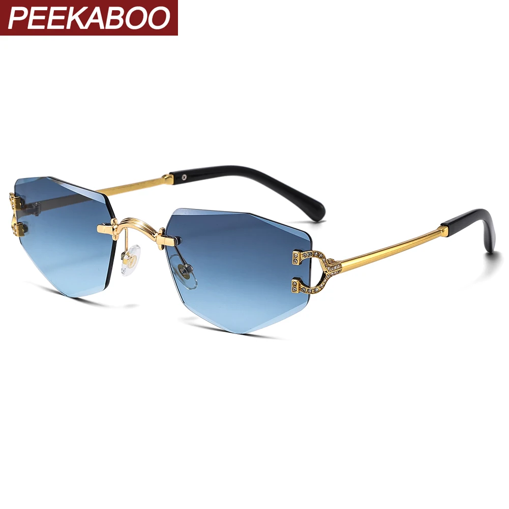 Peekaboo octagonal rimless sunglasses for men metal blue brown fashion sun glasses for women crystals decoration unisex