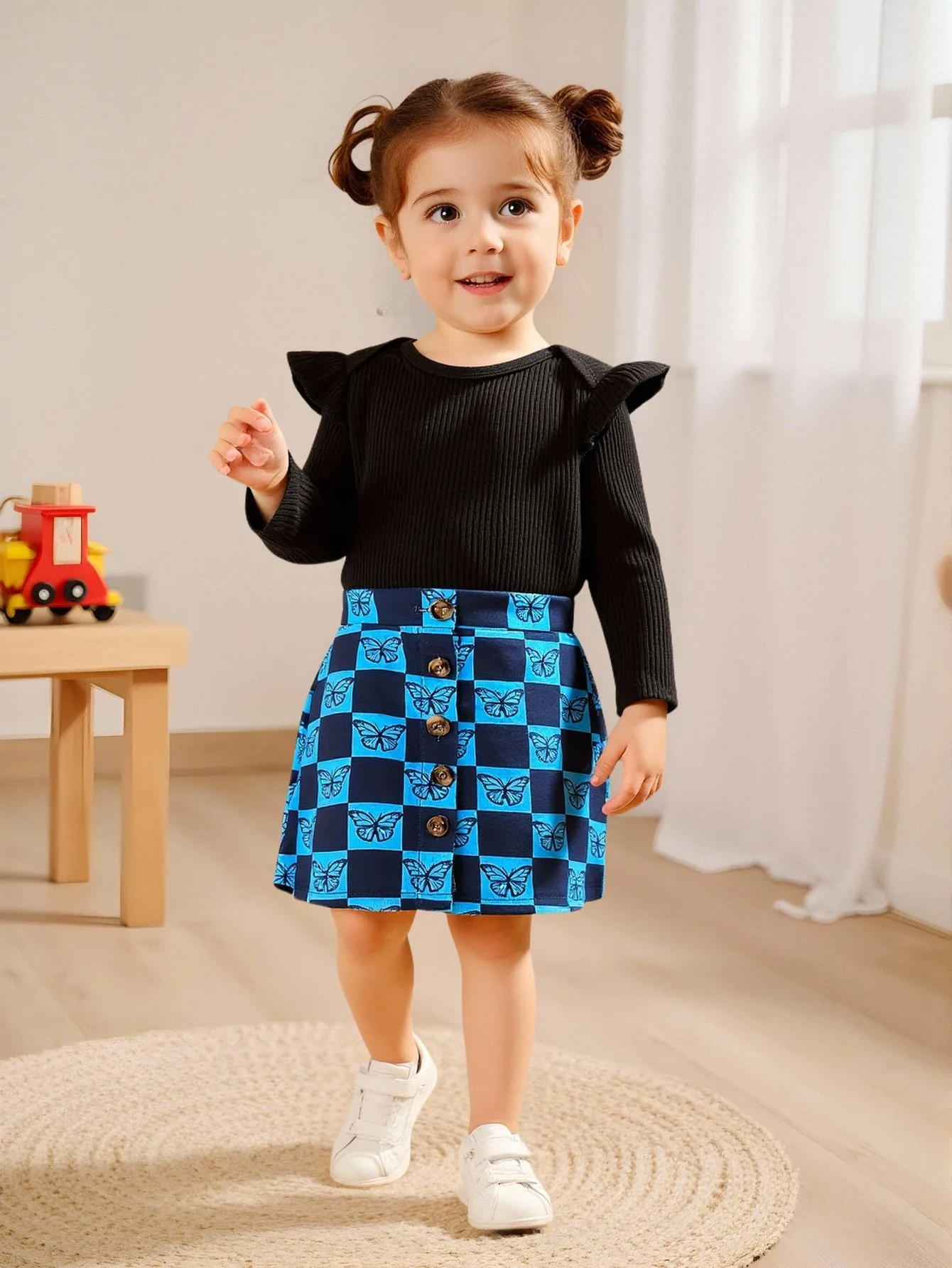 2 pieces of baby girl fashion casual round neck long sleeve romper and butterfly printed short dress set for autumn and winter