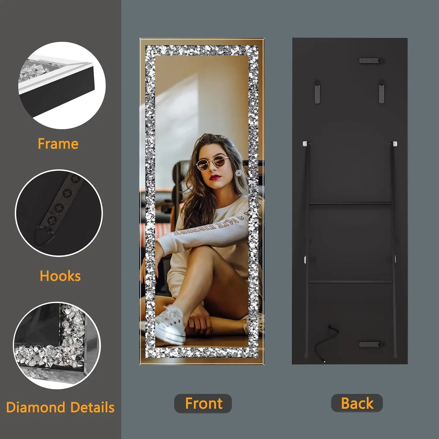 NEW 61"×22" LED Full-Length Mirror Crystal Crush Diamond, Wall Mounted Diamond Mirror Leaning for Living Room Bedroom Dimming