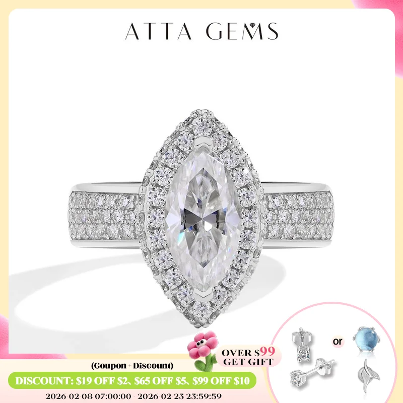 

ATTAGEMS Marquise 2CT Moissanite Rings for Women 12*6mm D Color Diamond Real 925 Sterling Silver Luxury Anniversary Jewelry Gift